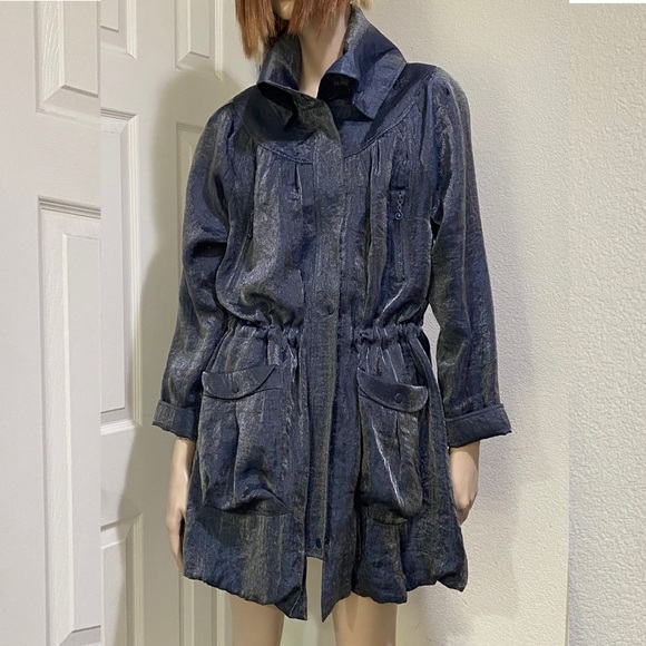 SAMUEL DONG Shimmer Bluish Gray Cinched Waist Bubble Coat Jacket Size L - Picture 1 of 16